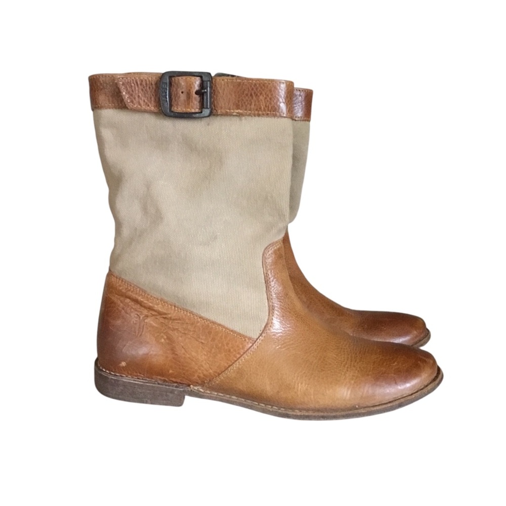 Frye Paige Short Buckle Tan Leather Canvas Boots